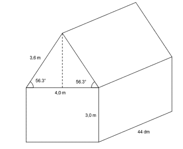 Figuren består av et rett, trekantet prisme og et rett, firkantet prisme. Det trekantede prismet står oppå (toppen av) den firkantede. Sistnevnte har lengde 44 dm, bredde 4,0 m og høyde 3,0 m. Vinklene som "går ut i fra" siden i det trekantede prismet med lengde 4,0 m er begge på 56,3 grader, og en av de andre sidene i trekanten som prismet er bygget opp av har lengde 3,6 m.